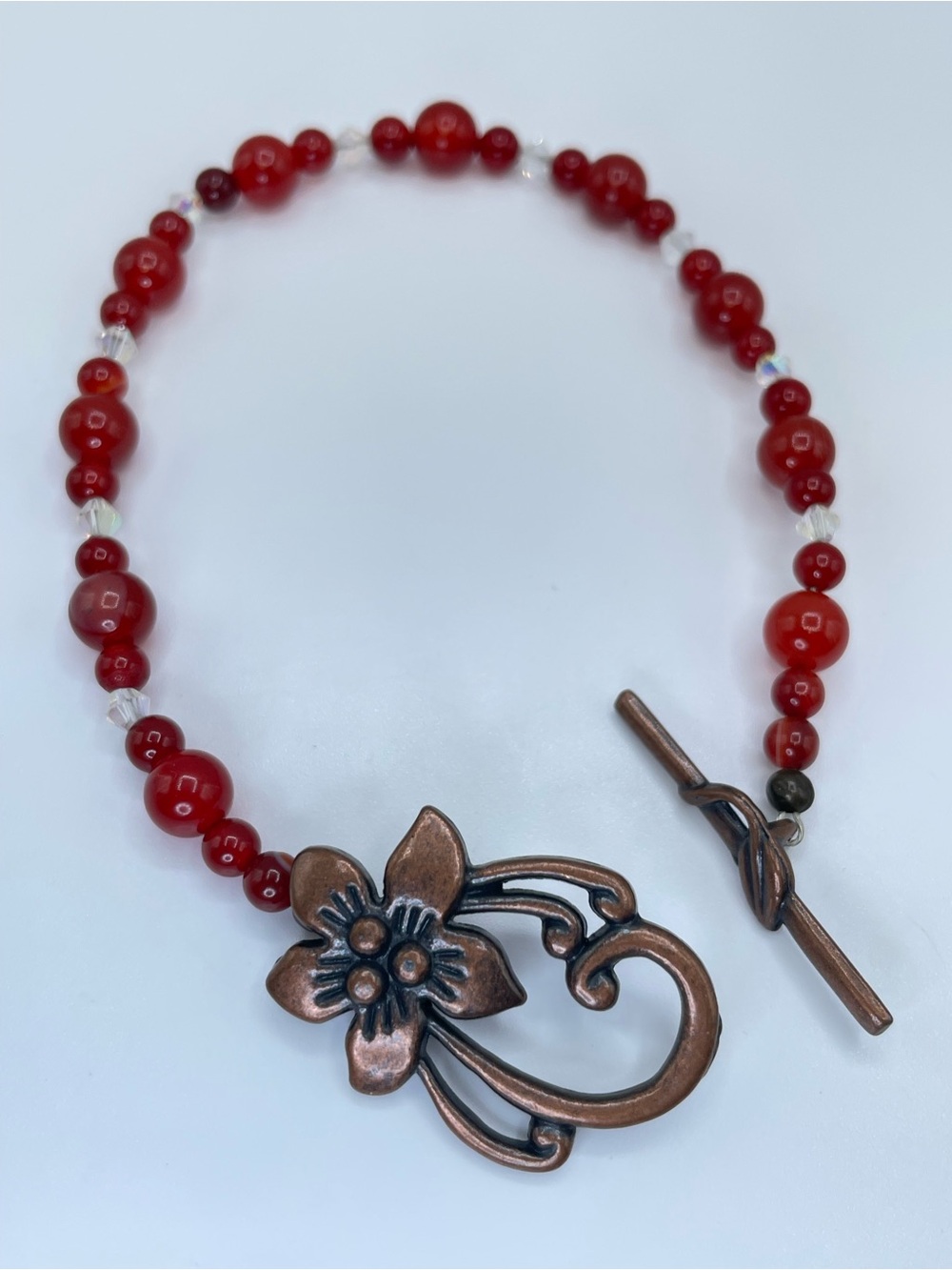 Red Glass Beaded Bracelet White Crystal Accents Copper Floral Toggle Clasp Boho